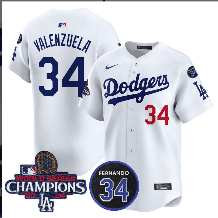 Men MLB Los Angeles Dodgers #34 Valenzuela white 2024 World Series Champions Patch Limited Jersey->los angeles dodgers->MLB Jersey